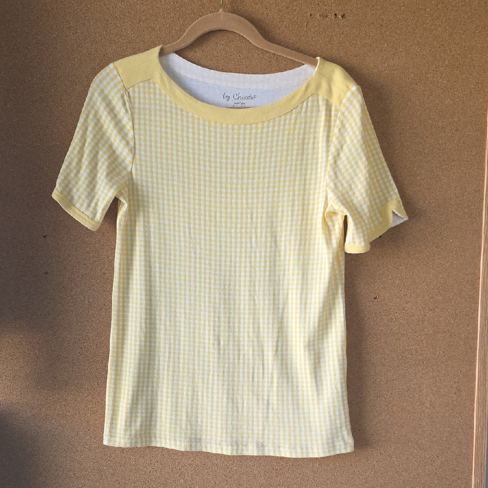 Chico’s 100% Cotton Spring Yellow Gingham Short Sleeve Top Chicos Sz 1 MD 8-10